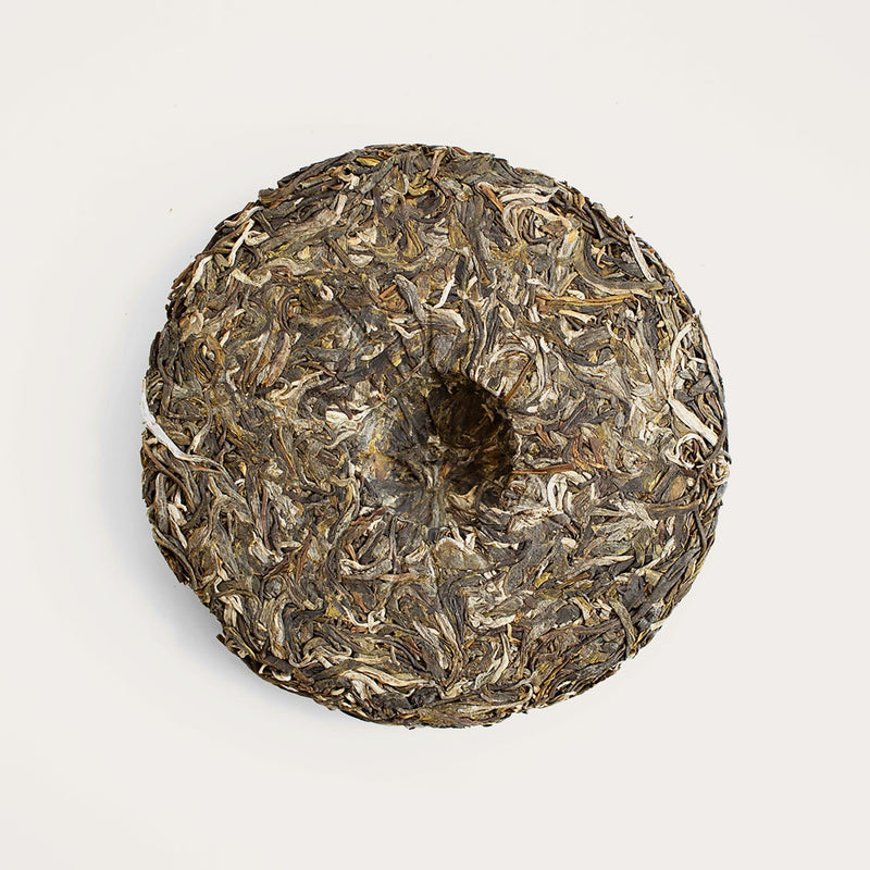 An energizing Laos Sheng Pu'er Tea Cake Vintage 2022 on a white surface by Rishi Tea & Botanicals.