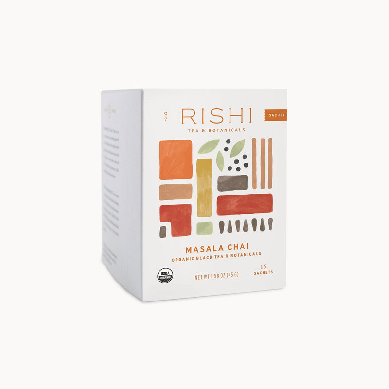 A box of the Rishi Tea & Botanicals organic Masala Chai tea.